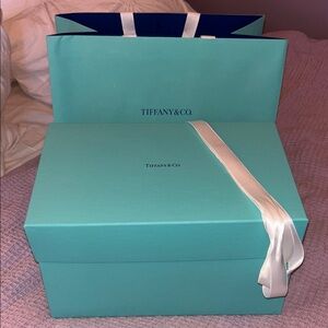 Tiffany & Co. Blue Gift Box with White Ribbon and Branded Gift Bag